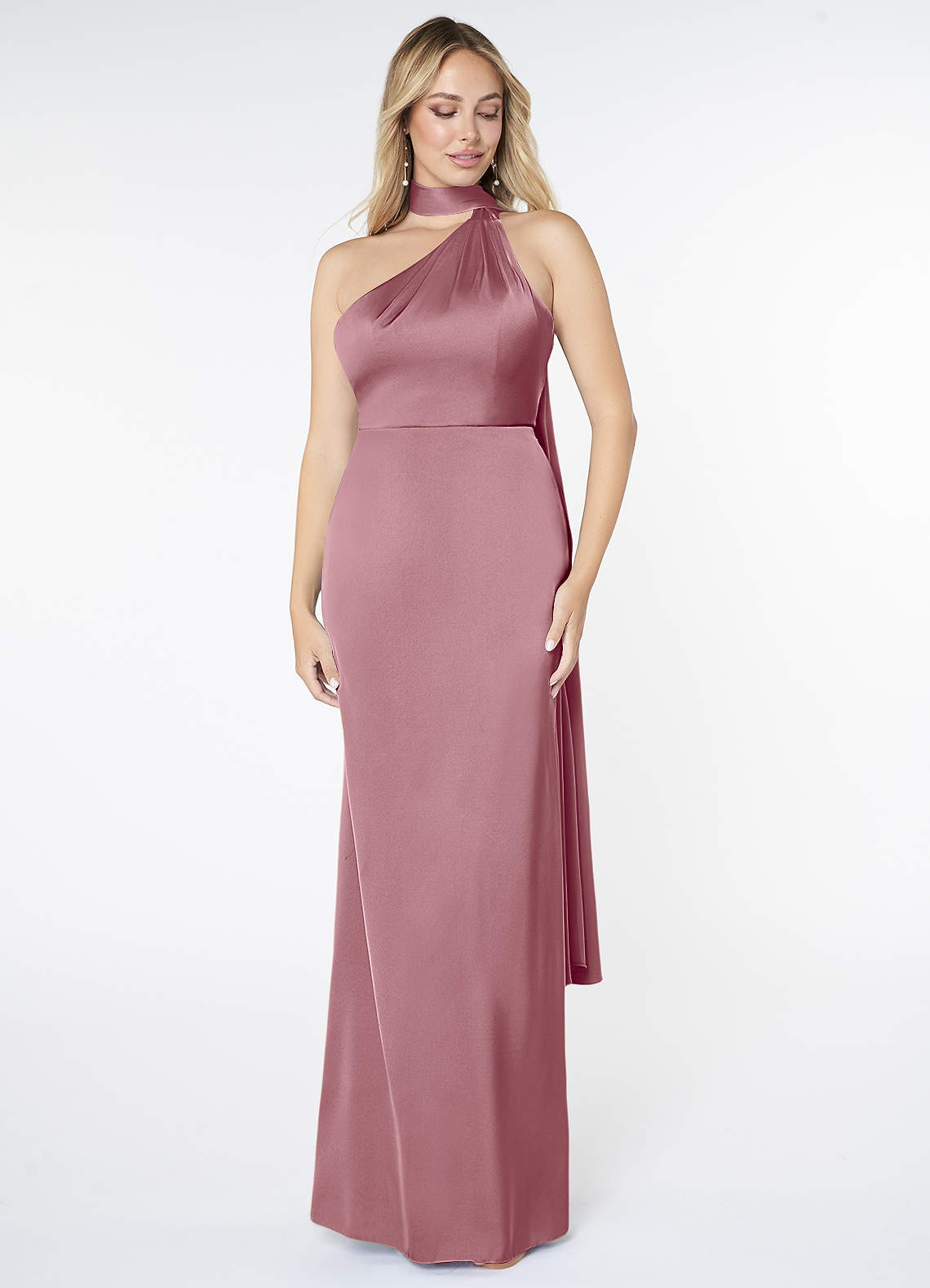 Azazie Kaylani Bridesmaid Dresses Vintage Mauve Mermaid High Neck Stretch Satin Dress image1