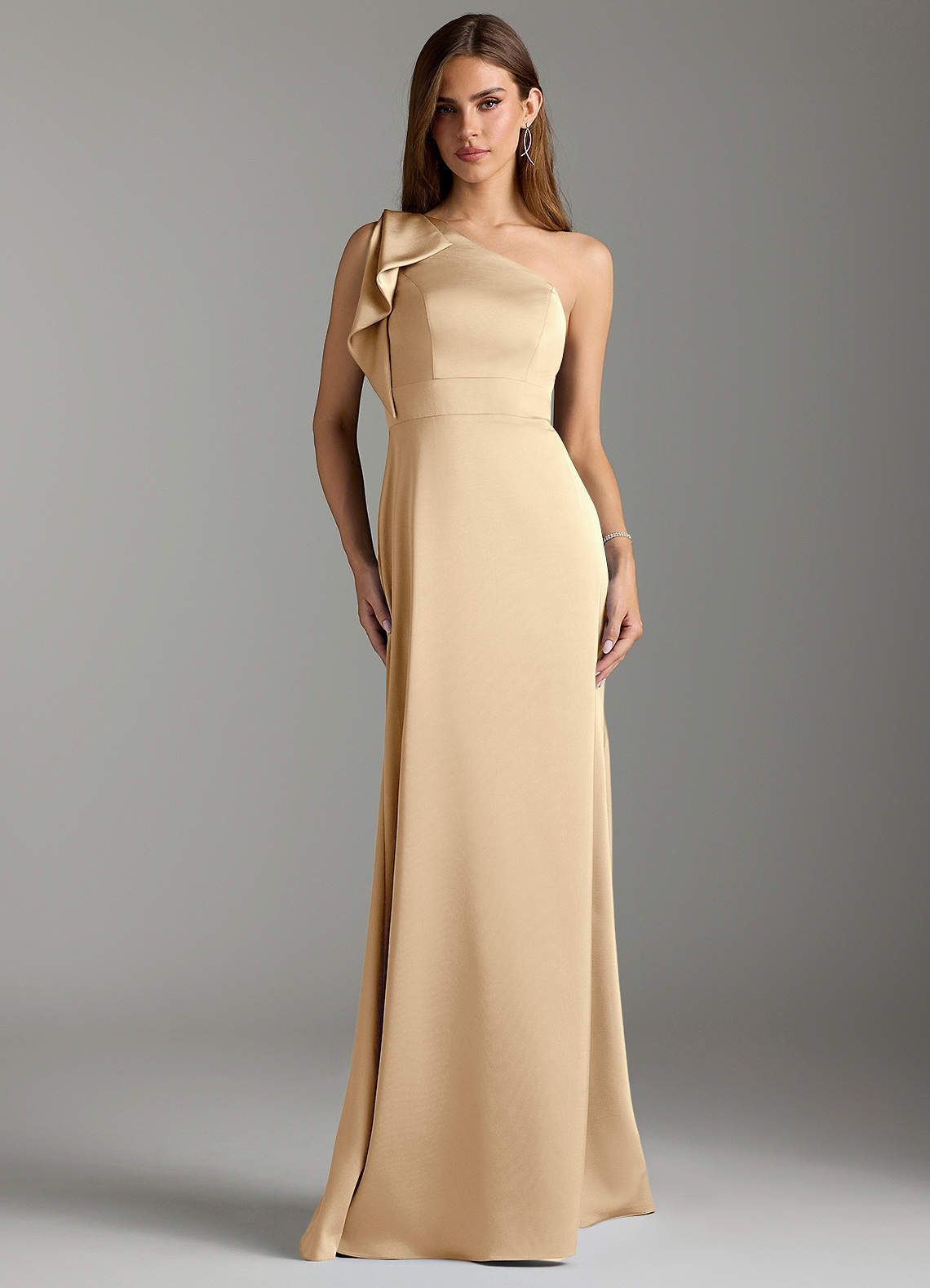 Azazie Rinna Bridesmaid Dresses Champagne Mermaid Ruched Stretch Satin Dress image1