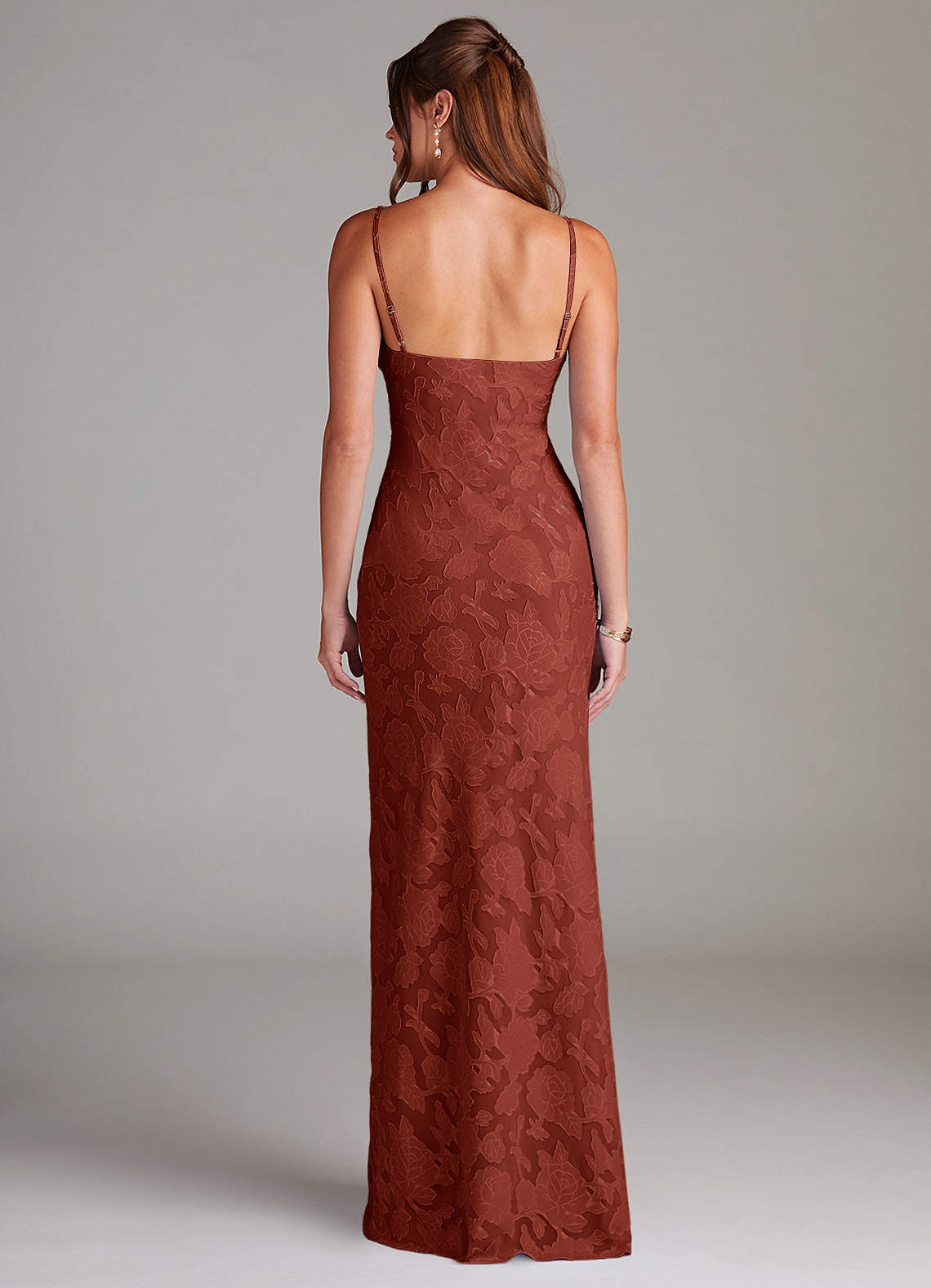 Azazie Tianna Bridesmaid Dresses Terracotta Sheath Lace Floral Burnout Dress image1
