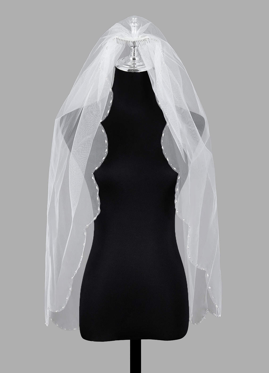 front Beaded Trim Scalloped Hip Length Veil