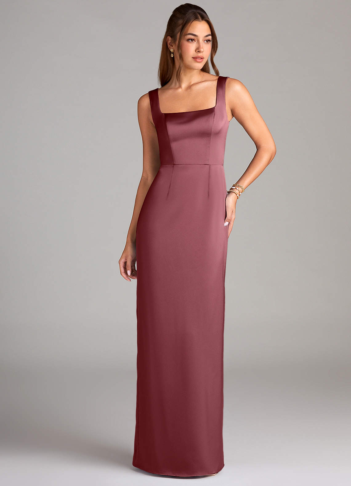 Azazie Flori Bridesmaid Dresses Desert Rose Sheath Side Slit Stretch Satin Dress image1