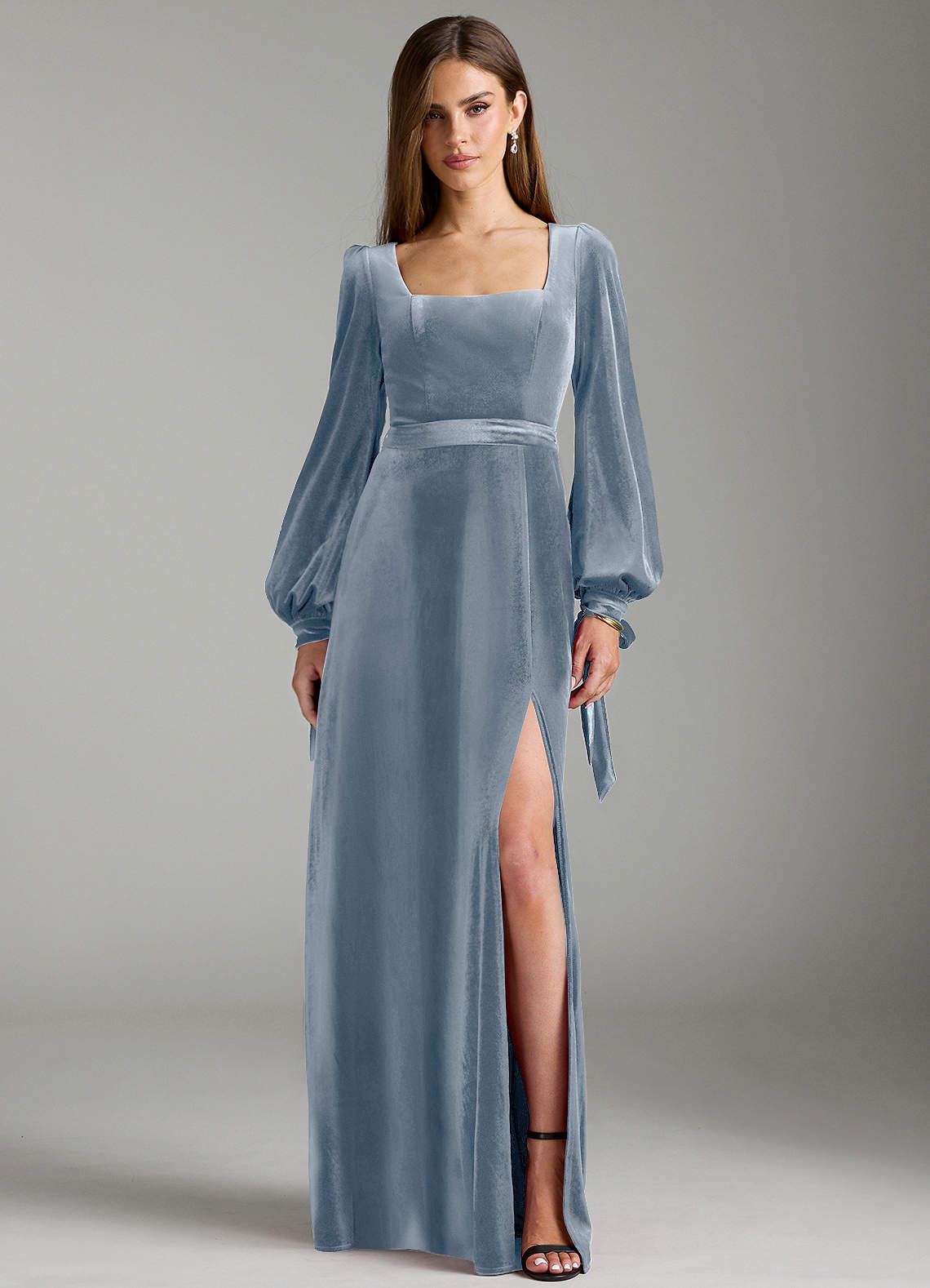 Azazie Leonia Bridesmaid Dresses Dusty Blue A-Line Long Sleeve Velvet Dress image1