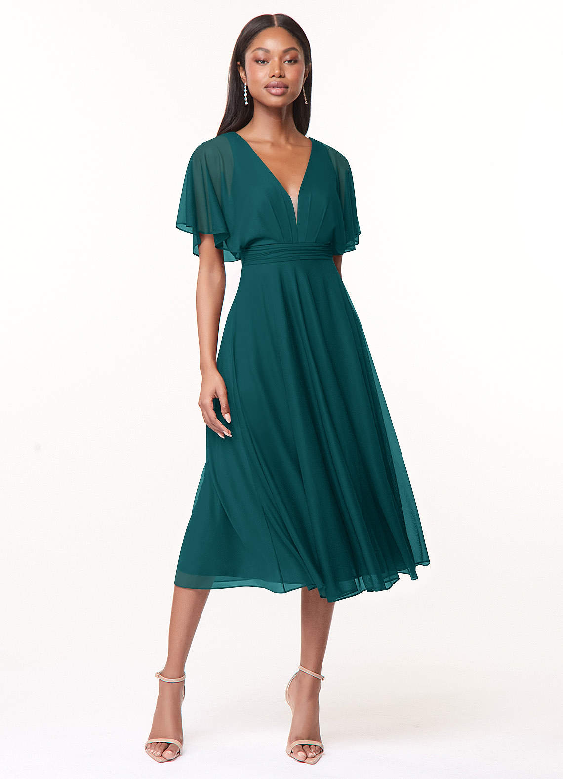 Azazie Tinsley Bridesmaid Dresses Peacock A-Line Pleated Mesh Dress image1