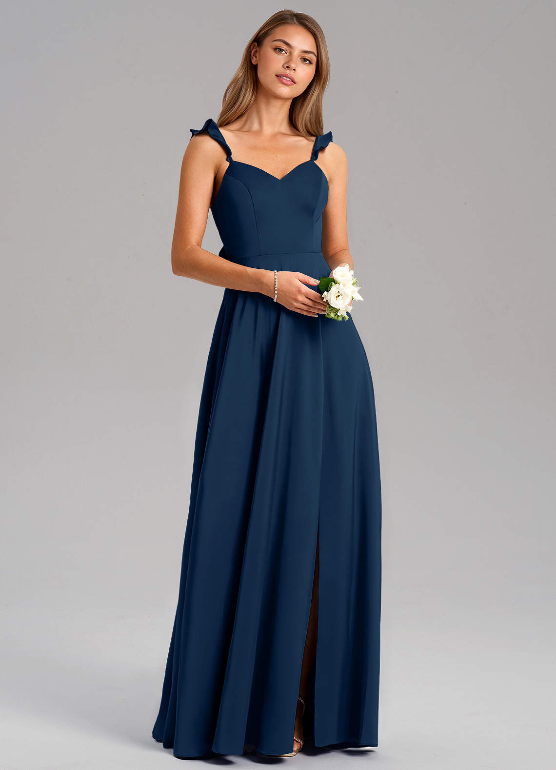 Azazie Everett Vestidos de damas de honor Vestido de Azul Marino Oscuro de Satén Elástico de Corte en A image1