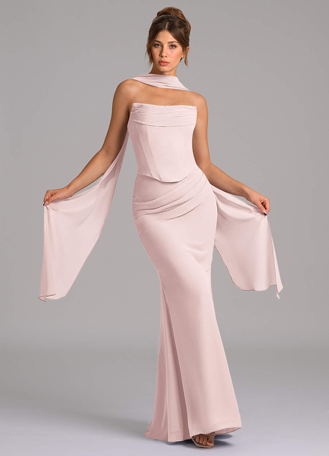 Azazie Sorrel Vestidos de damas de honor Vestido de Rosa Rubor de Gasa de Corte Sirena con Corsé image1