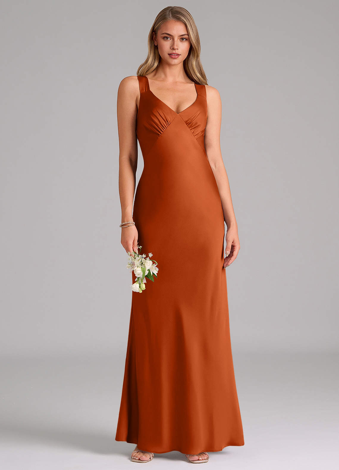 Azazie Kamila Bridesmaid Dresses Burnt Orange A-Line Pleated Stretch Satin Dress image1