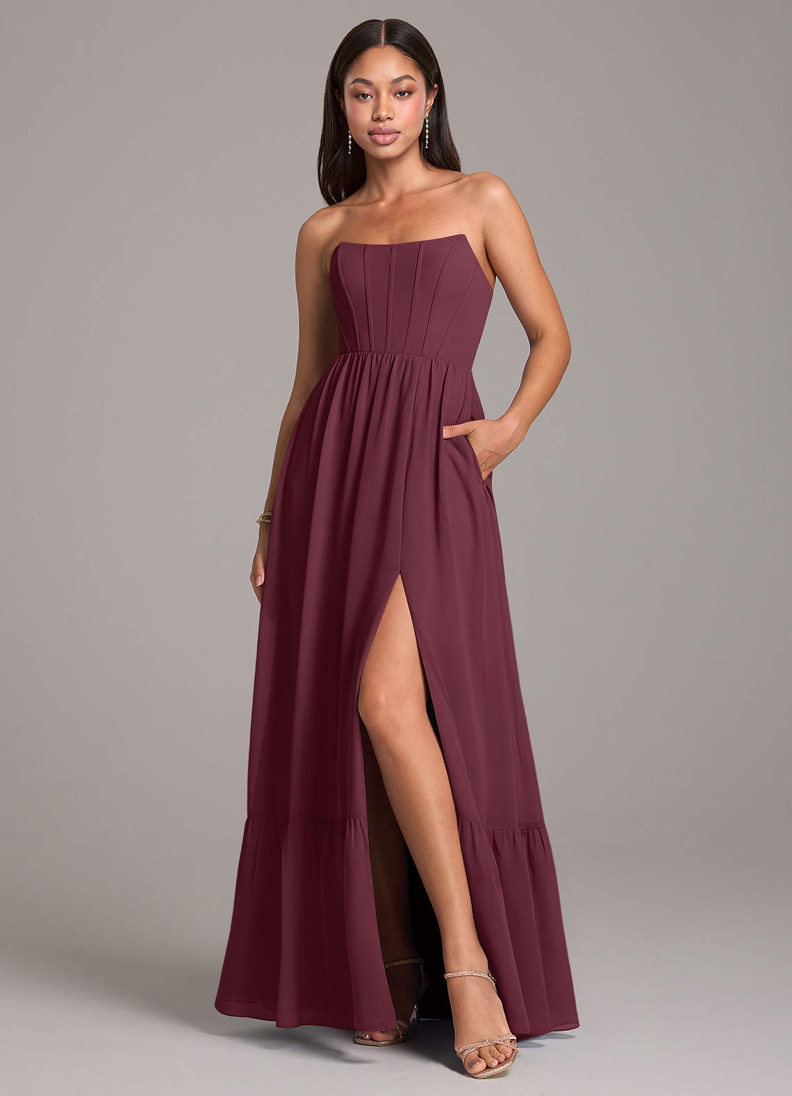 Azazie Kailee Bridesmaid Dresses Cabernet A-Line with Pockets Chiffon Dress image1