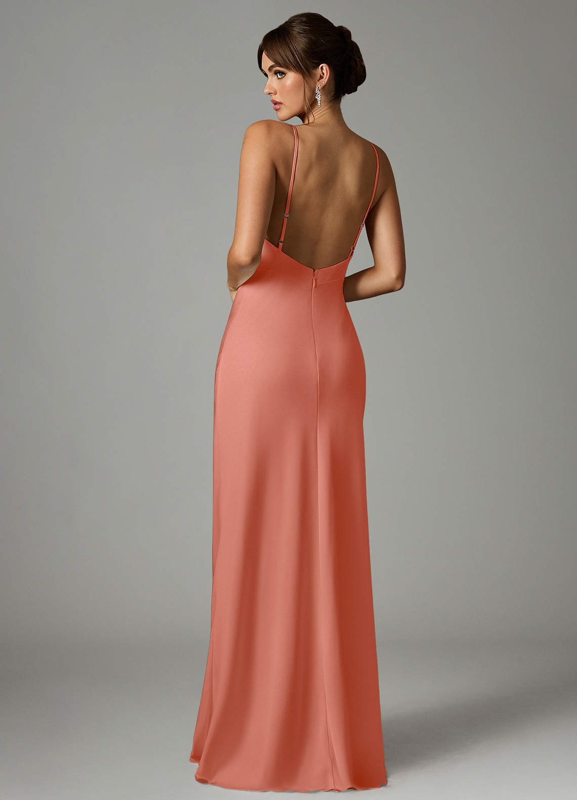 Azazie Stefania Vestidos de madrinha de casamento Vestido Rosa Salmão de Cetim elástico de Linha A image1