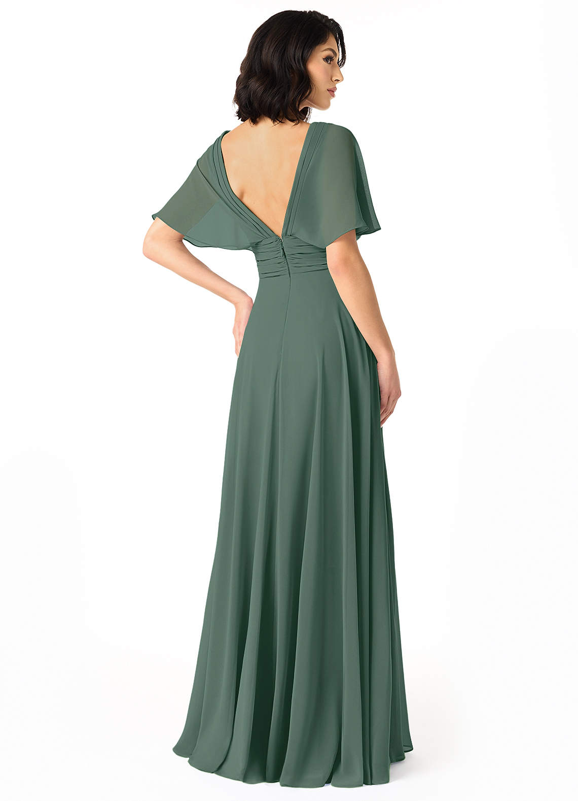 Azazie Pamela At-home Try On Dresses Dusty Blue A-Line V-Neck Pleated Chiffon Dress image1