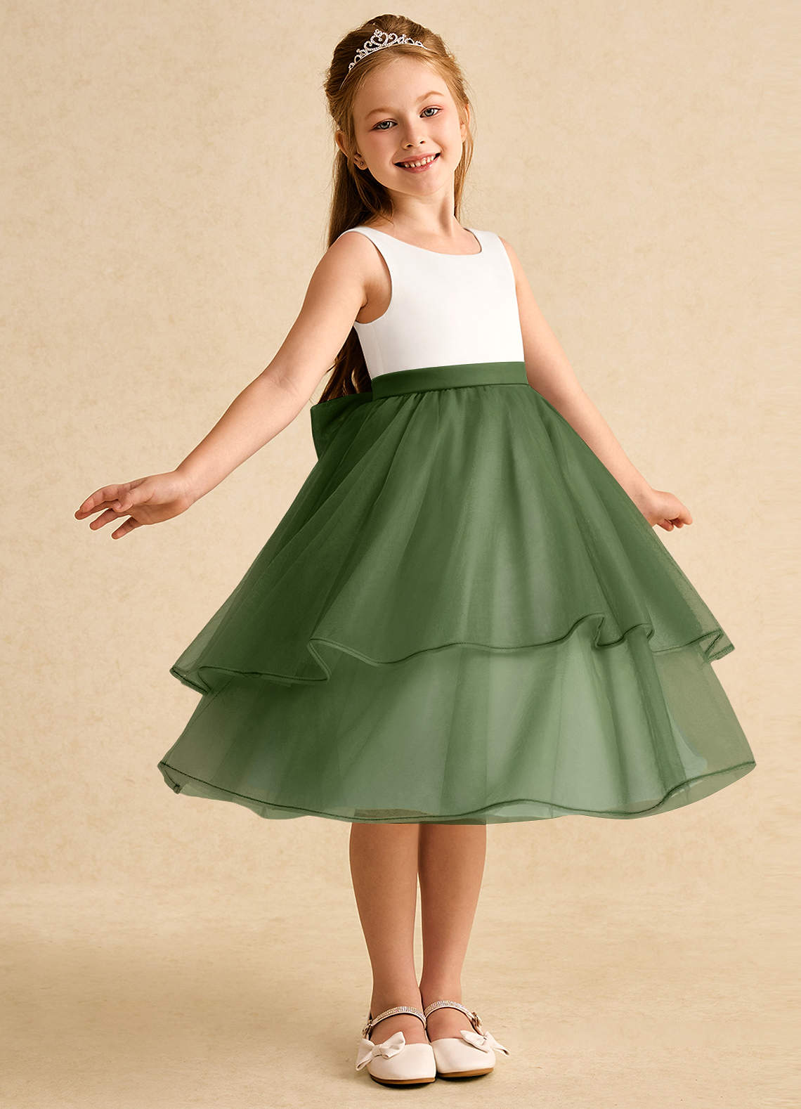 Azazie Rene Blumenmädchenkleider A-Linie Schleifen Tüll Kleid Elfenbein Olivgrün image1