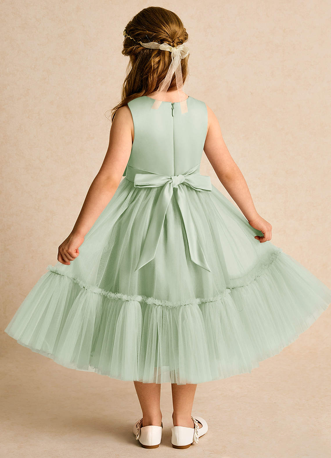 Azazie Miracle Flower Girl Dresses Dusty Sage A-Line Bow Matte Satin Dress image1
