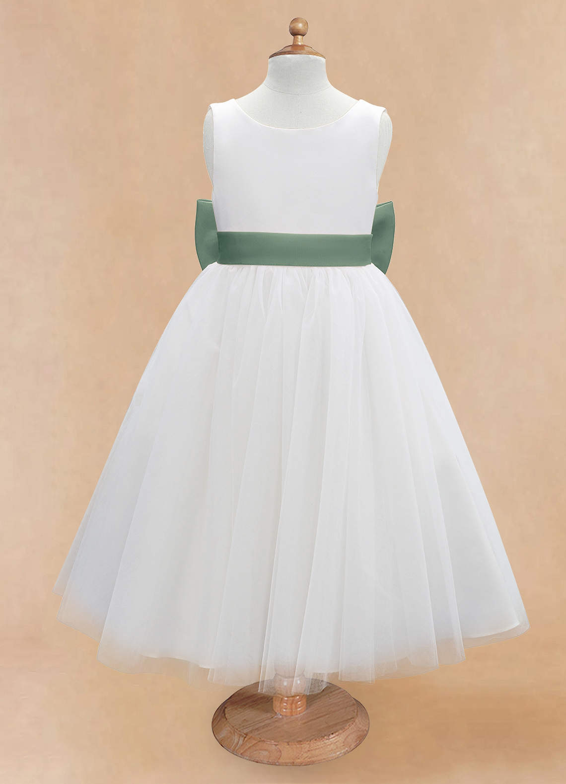 Azazie Kavi Flower Girl Dresses Ivory Eucalyptus A-Line Bow Matte Satin Dress image6
