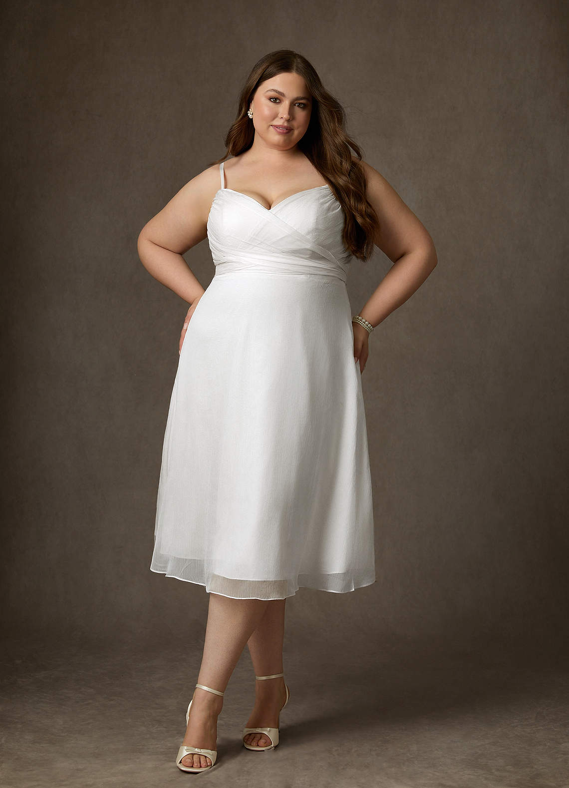 Azazie Kali At-home Try On Dresses Diamond White A-Line V-Neck Pleated Crinkle Chiffon Dress image6