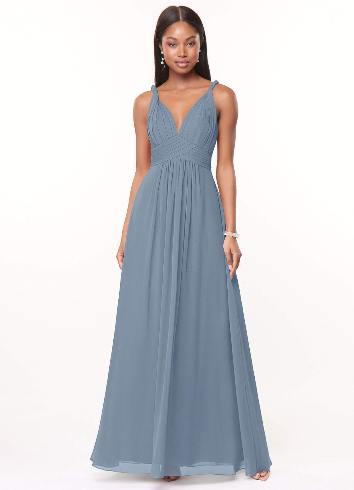 Azazie Maren Jurken voor bruidsmeisjes Jurk van Chiffon met A-Lijn Geplooid Stoffig Blauw image1