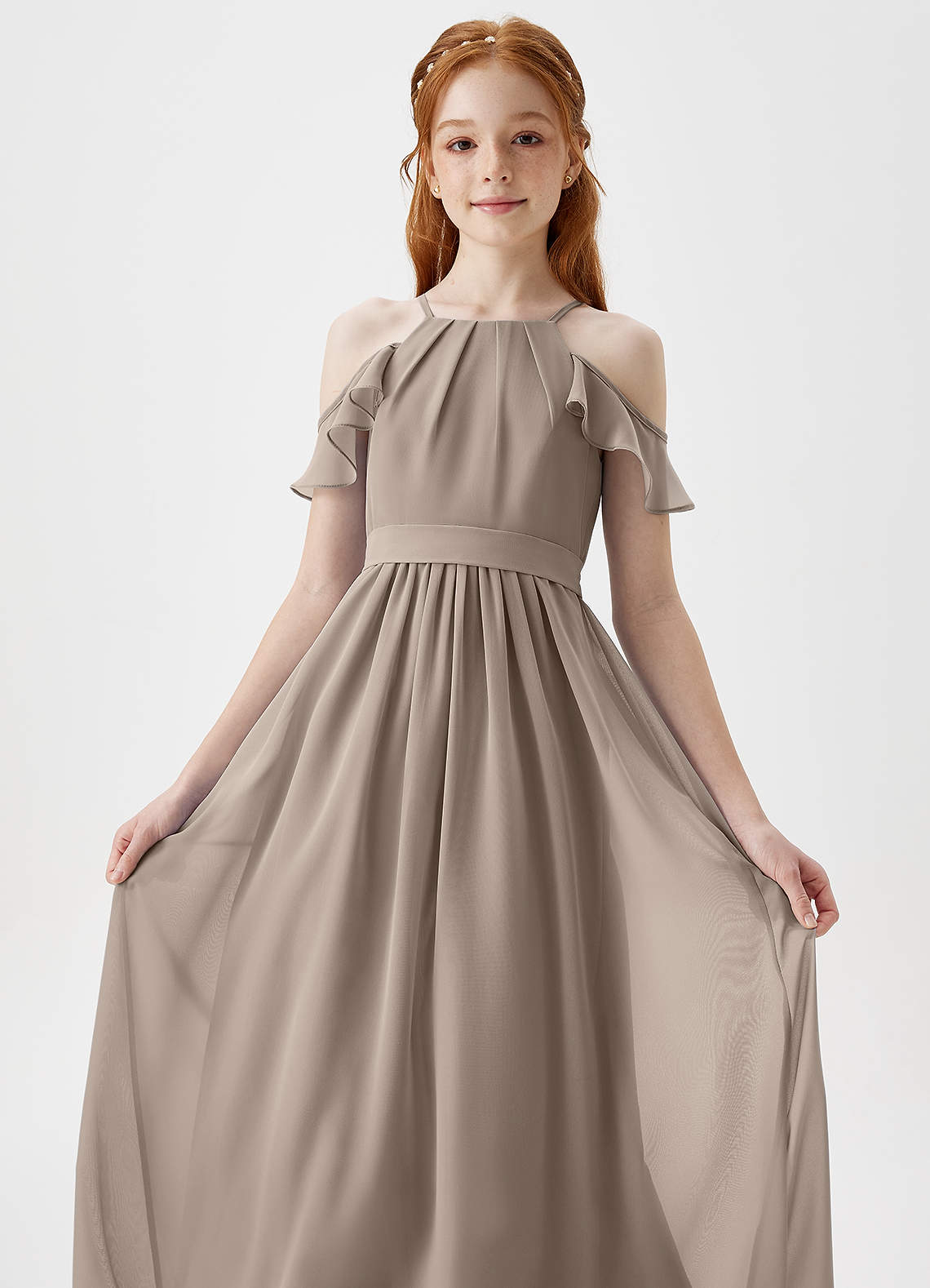Azazie Chaya Junior Taupe A-Line Off the Shoulder Chiffon Dress image1