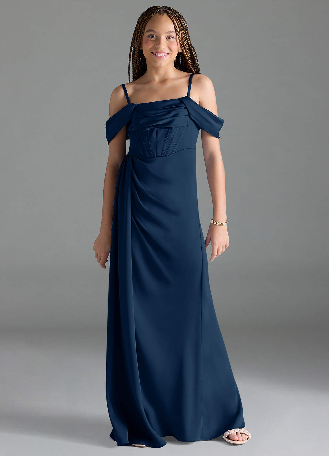 Azazie Amyra Junior Dark Navy Sheath Off the Shoulder Stretch Satin Dress image1