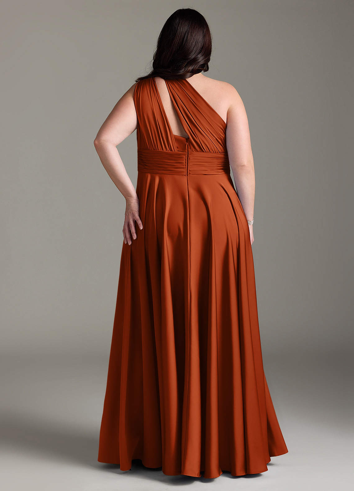 Azazie Charlize Bridesmaid Dresses Burnt Orange A-Line One Shoulder Stretch Satin Dress image9