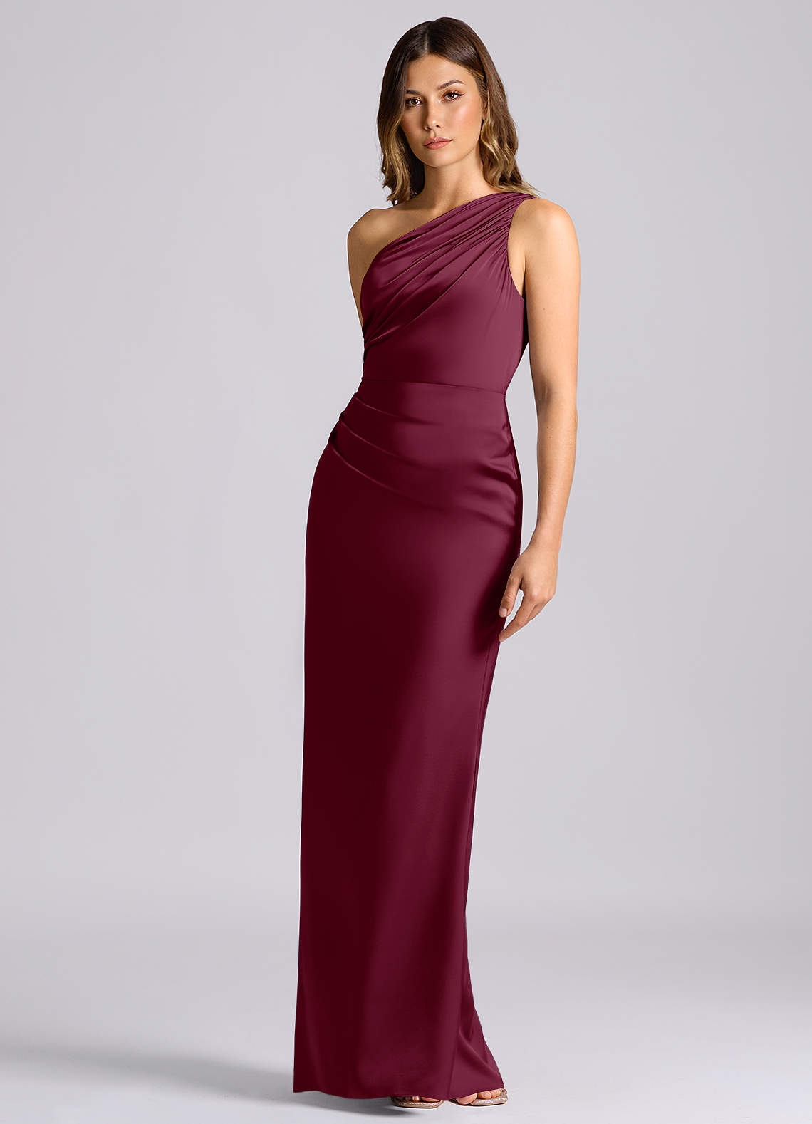 Azazie Akilah Bridesmaid Dresses Mulberry Mermaid One Shoulder Stretch Satin Dress image5