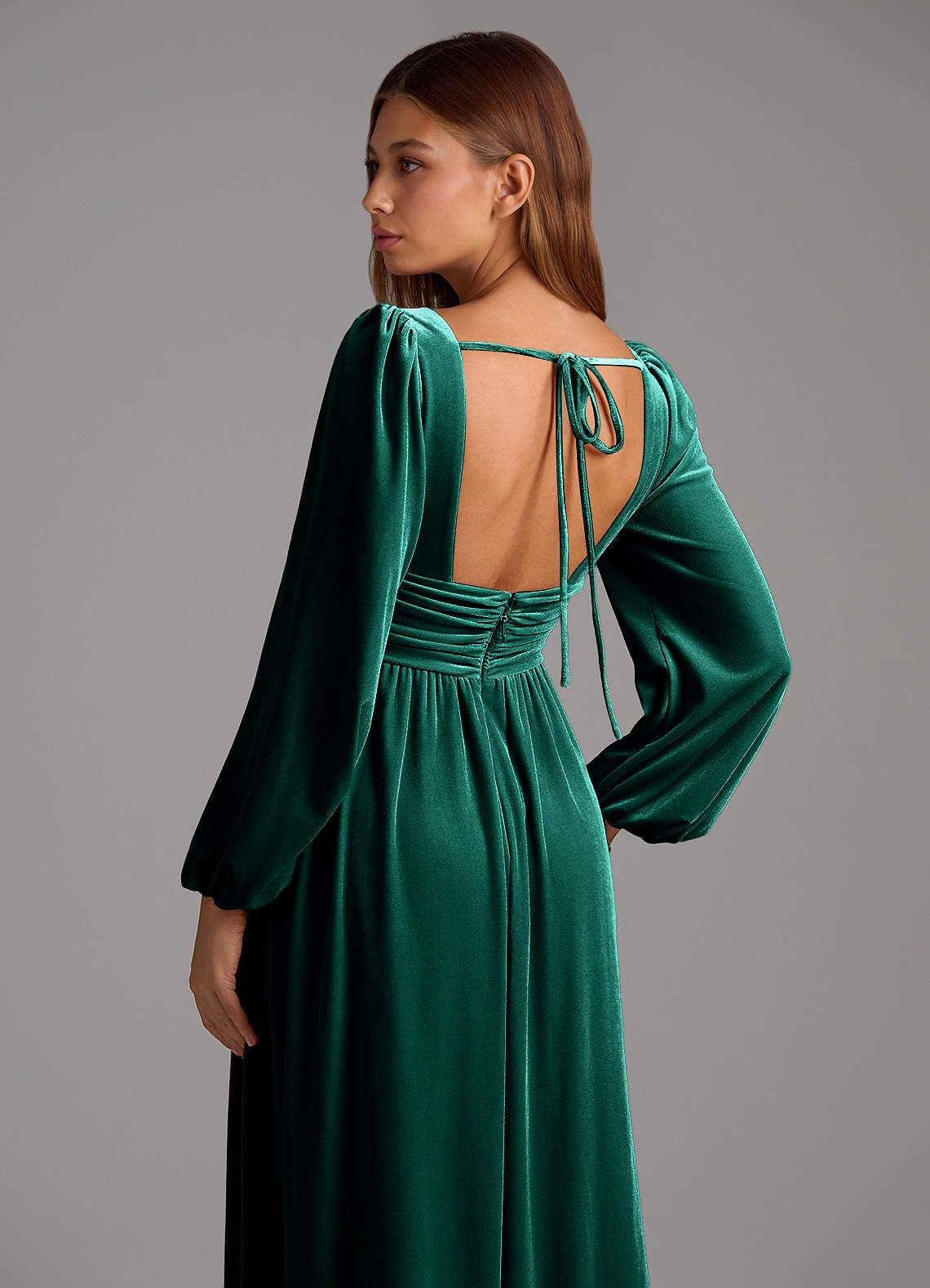 Azazie Norah Bridesmaid Dresses Emerald A-Line Long Sleeve Velvet Dress image5