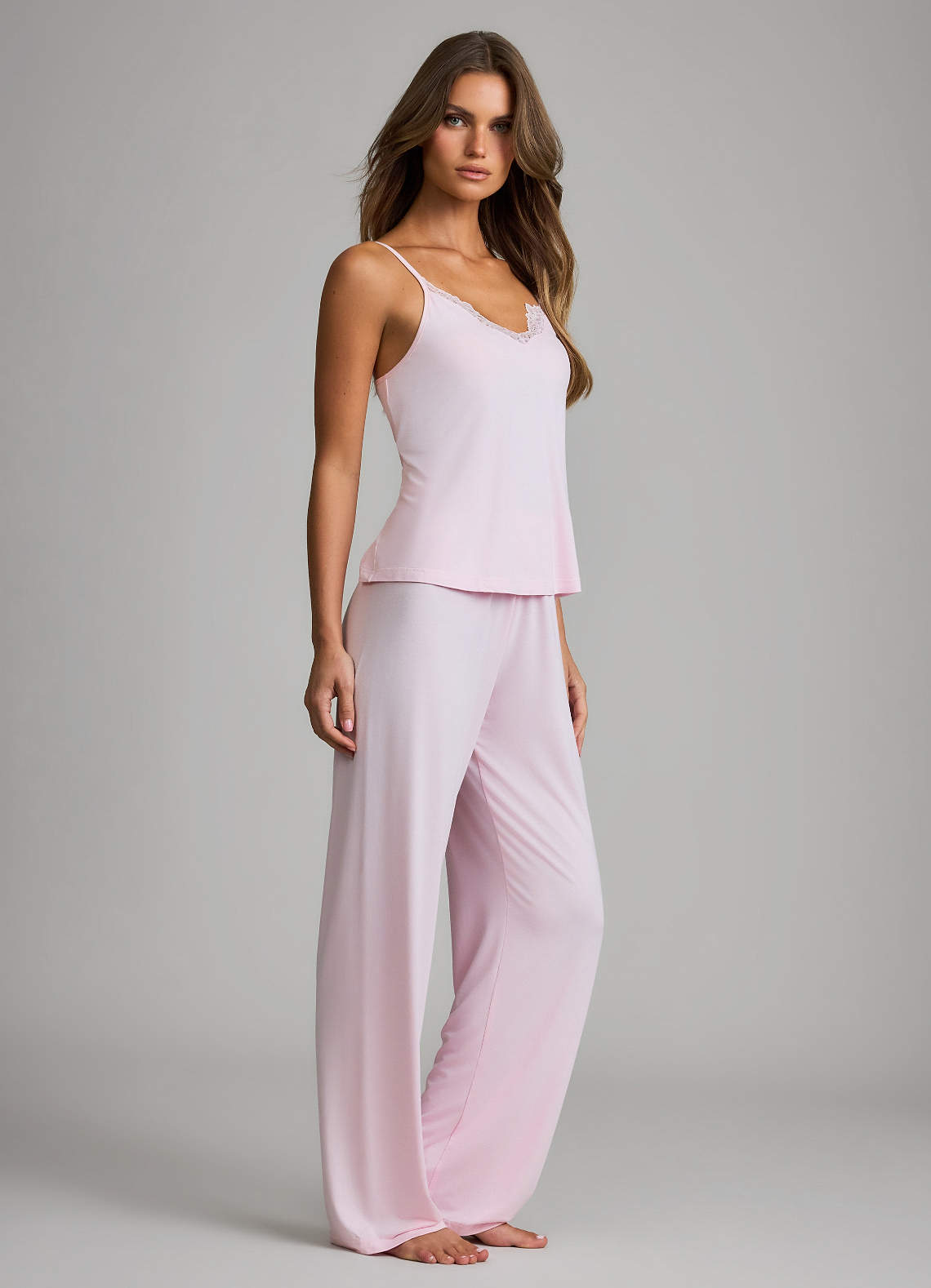 front Soft Rayon Lace Trim Cami & Wide-Leg Pants Pajama Set