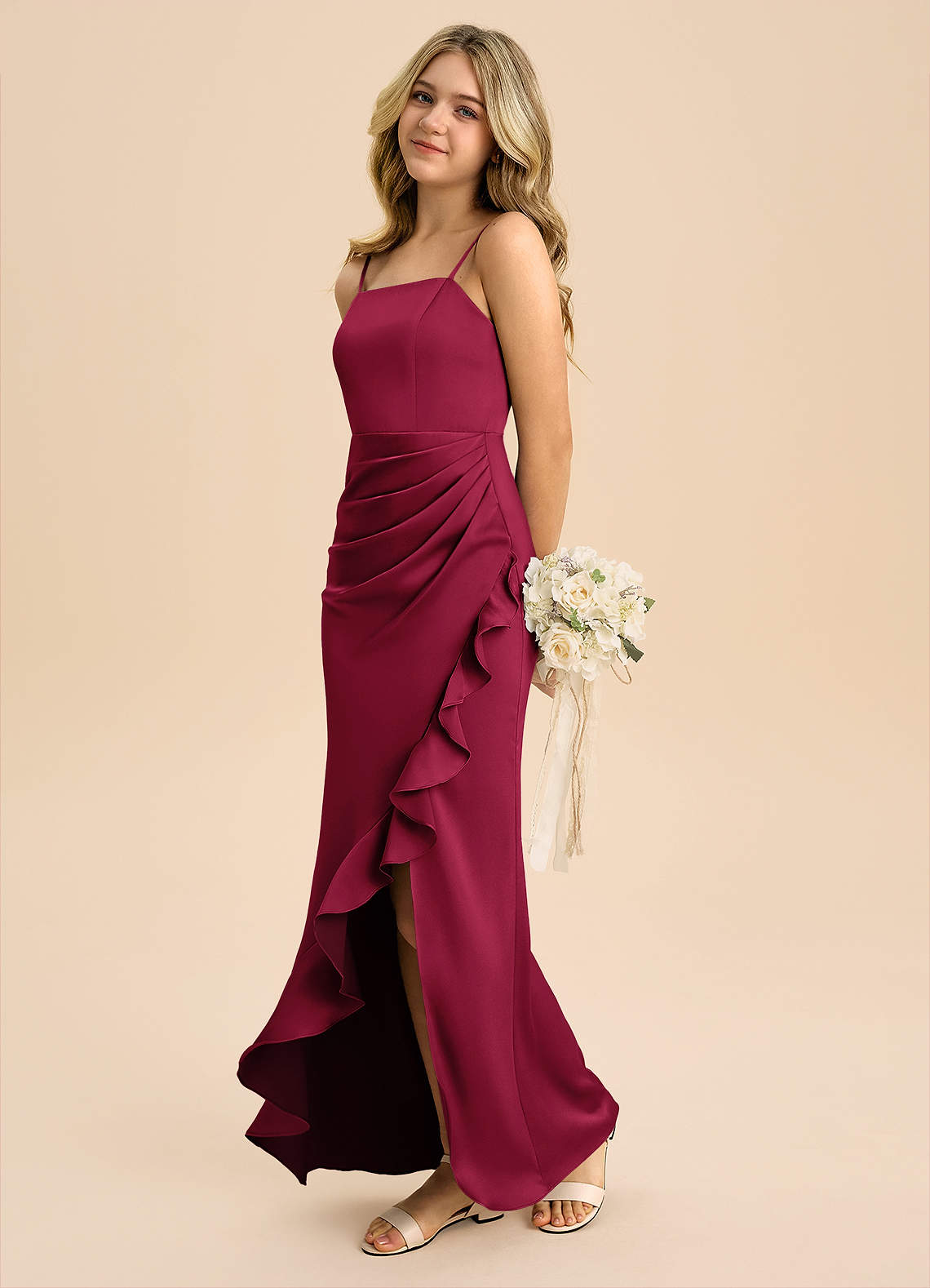 Azazie Buzzy Junior Vaippa Pliseerattu Joustava satiini Lattian pituus Nuorempi morsiusneito Pukeutua image5