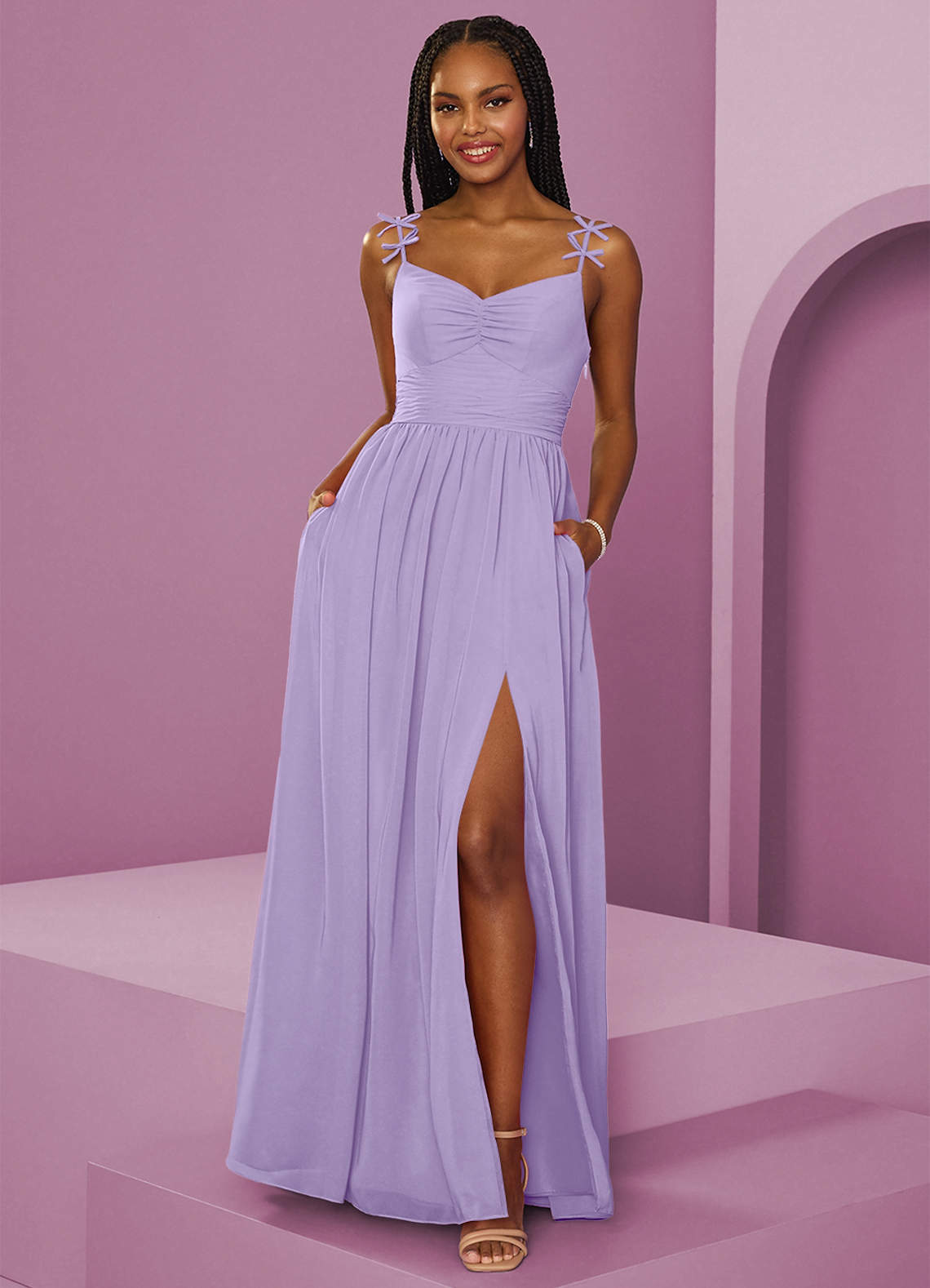 Barbie ♥ Azazie Brautjungfernkleider A-Linie Plissee Chiffon Kleid Flieder image1