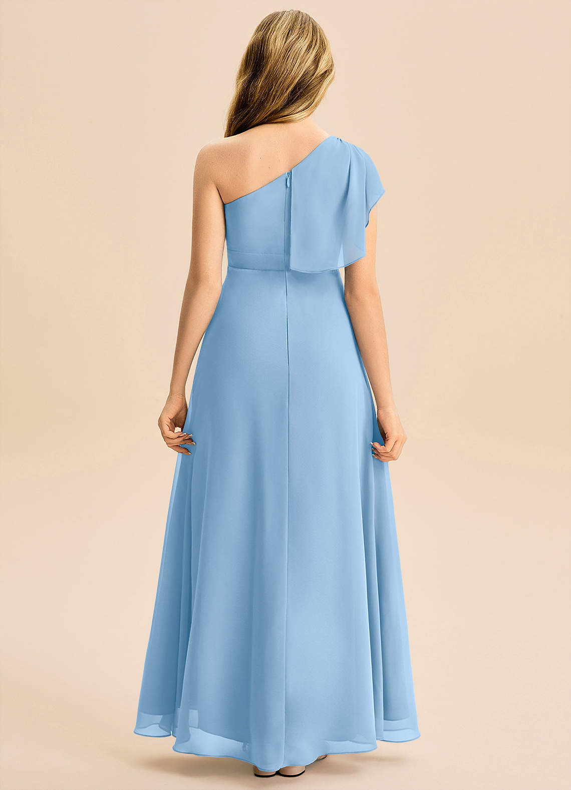 Azazie Delilah Junior Powder Blue A-Line Ruched Chiffon Dress image4