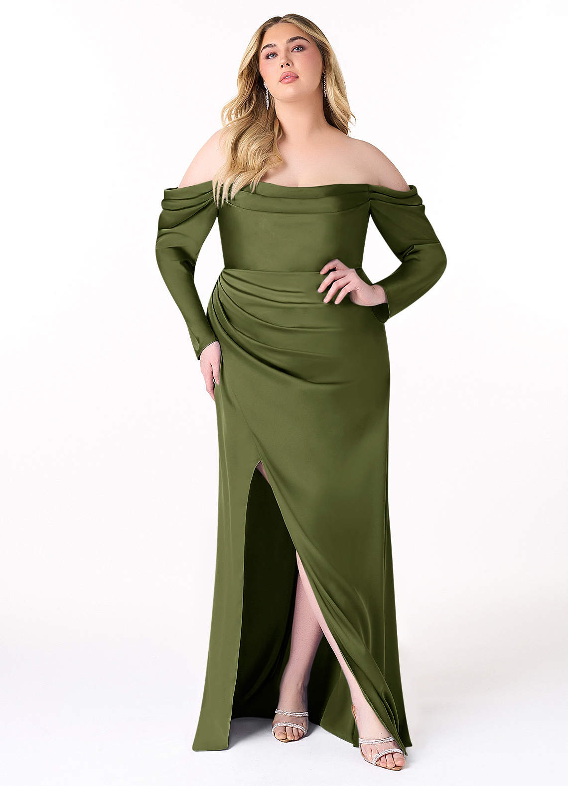 Azazie Hallie Bridesmaid Dresses Olive Sheath Off-The-Shoulder Long Sleeve Stretch Satin Convertible Dress image1