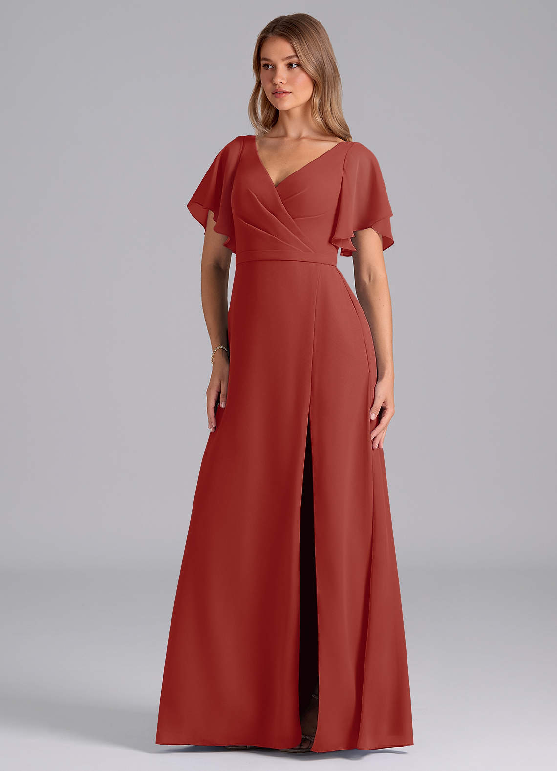 Azazie Ambrosia Bridesmaid Dresses Terracotta A-Line Pleated Chiffon Dress image1