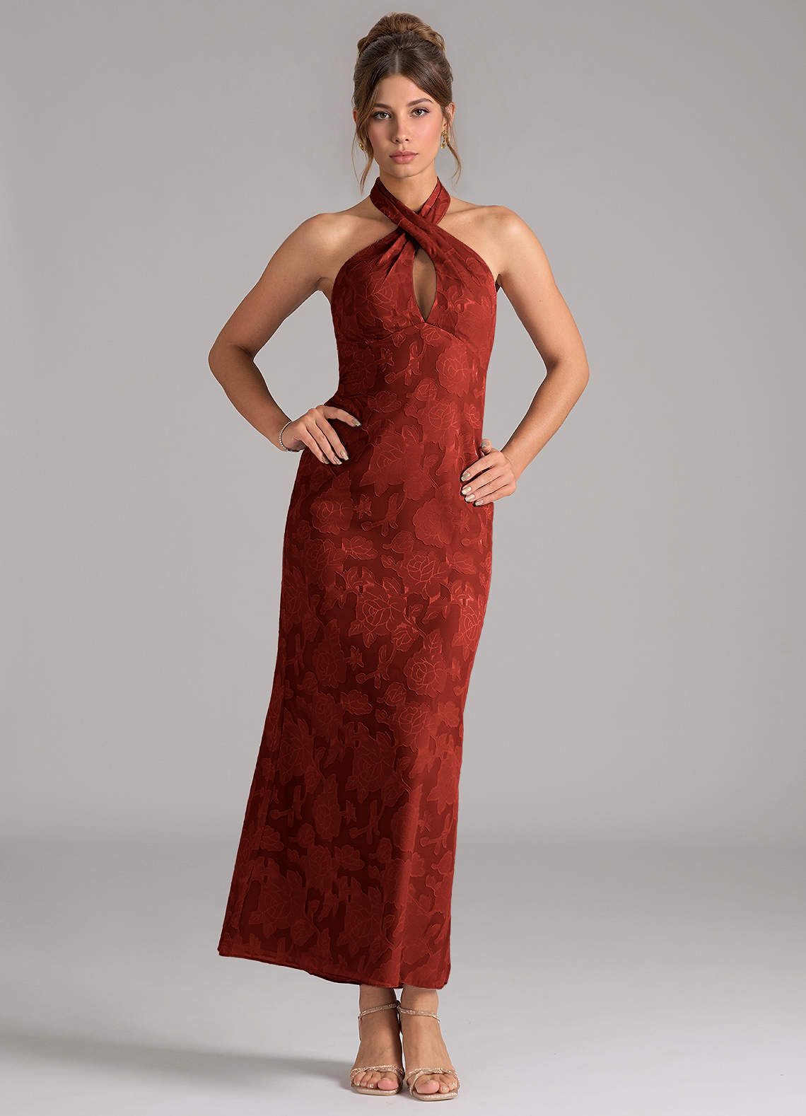 Azazie Marlissa Bridesmaid Dresses Terracotta Sheath Pleated Floral Burnout Dress image1