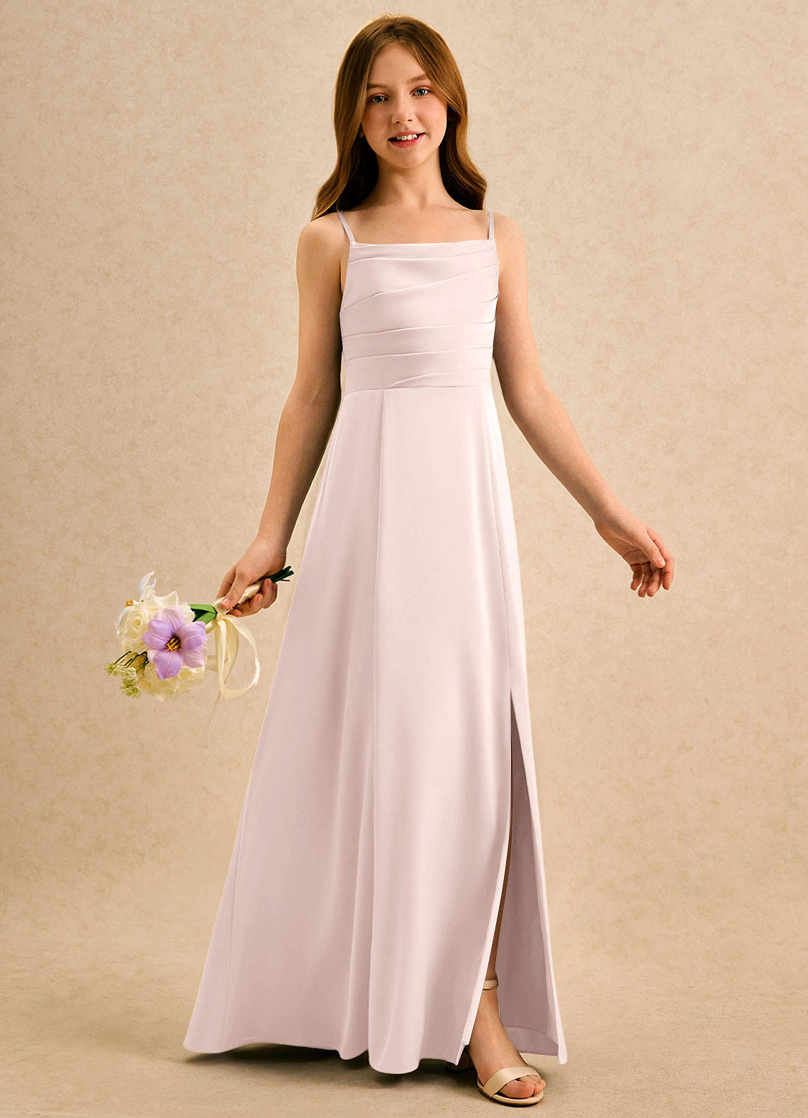 Azazie Chamomile Girls Formal Blushing Pink A-Line Pleated Stretch