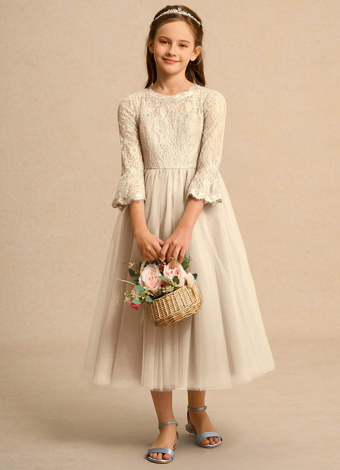 Azazie Lamb Girl Abiti da Ragazza di Fiori Abito Principessa in Pizzo Champagne image1