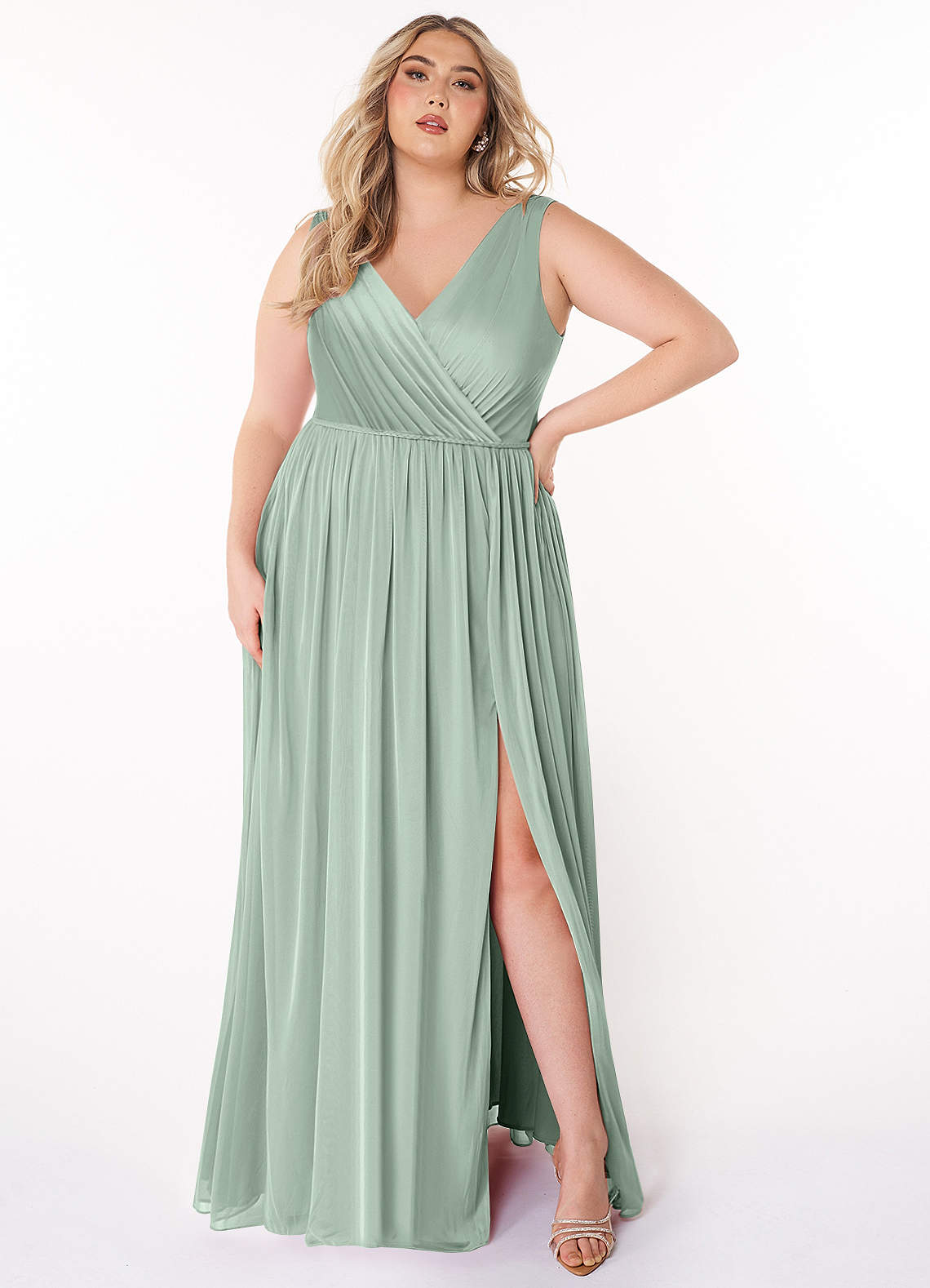 Azazie Tanicia Bridesmaid Dresses Agave A-Line V-Neck Pleated Mesh Dress image4