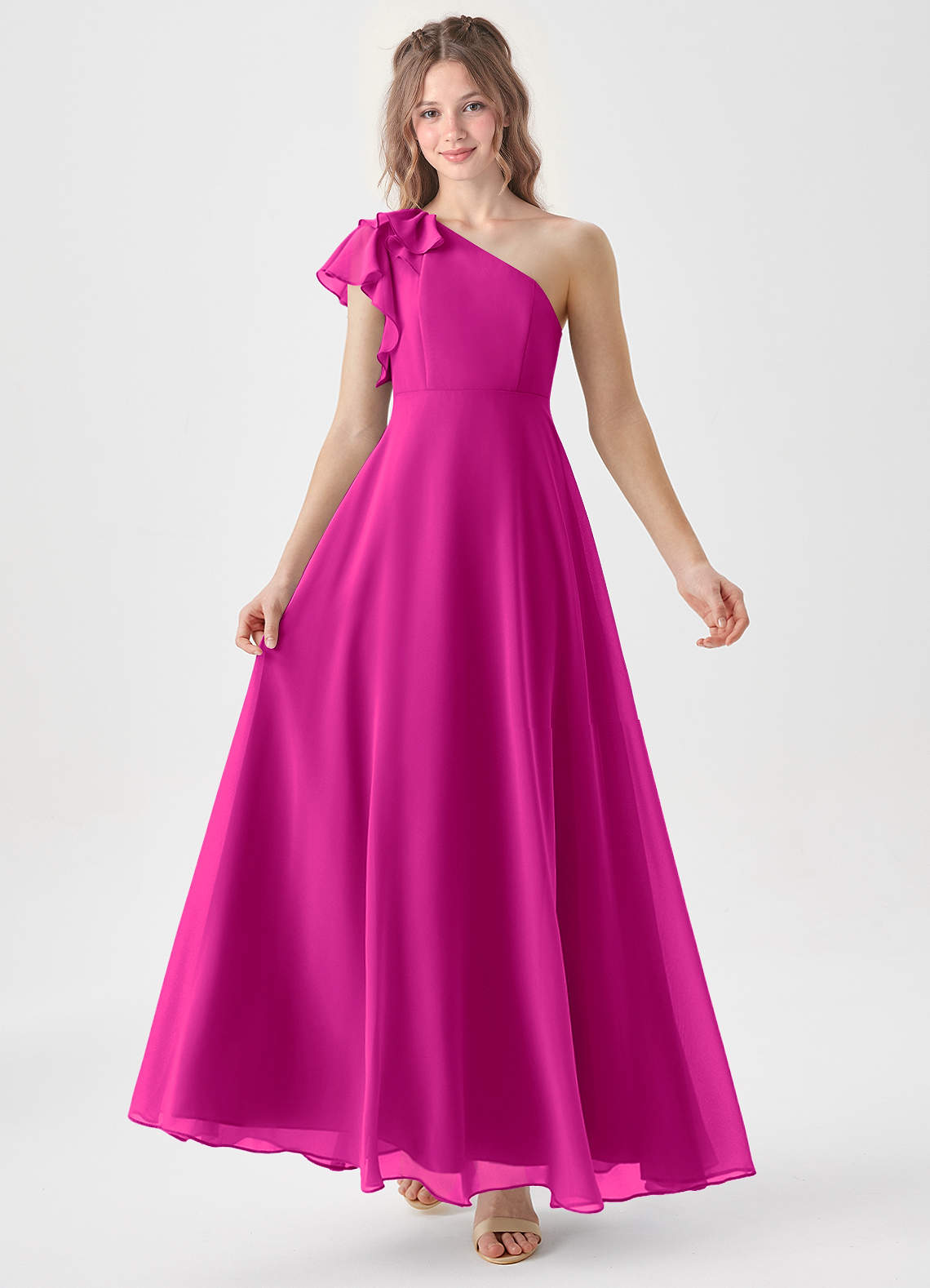 Azazie Arabella Junior Robe Trapèze en Mousseline de soie Rayé Fuchsia image1