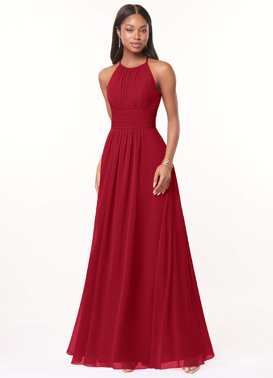 Azazie Bonnie Brautjungfernkleider A-Linie Schlüsselloch Gerüscht Chiffon Kleid Scharlachrot image1