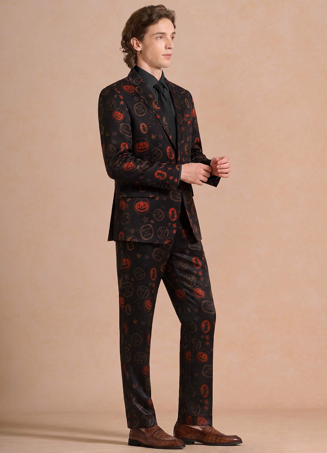 front Caleb Black Vintage Halloween Print Suit