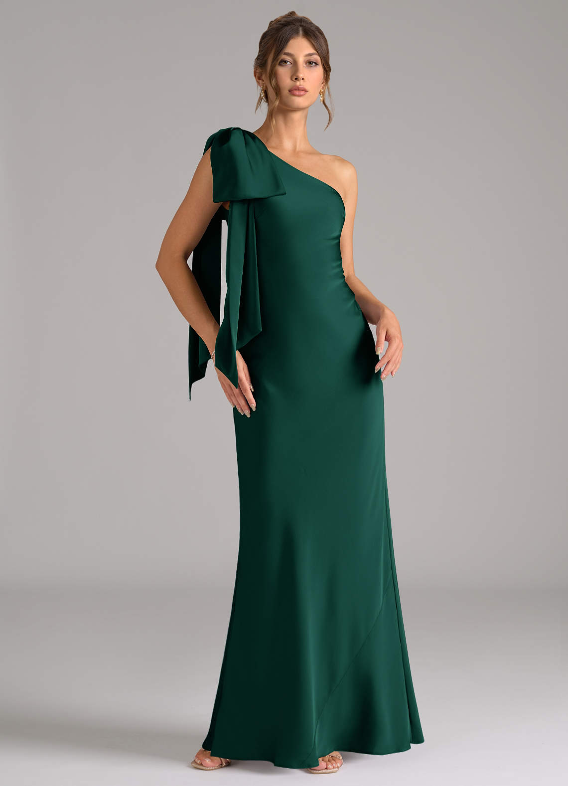 Azazie Capri Bridesmaid Dresses Emerald Mermaid One Shoulder Stretch Satin Dress image1