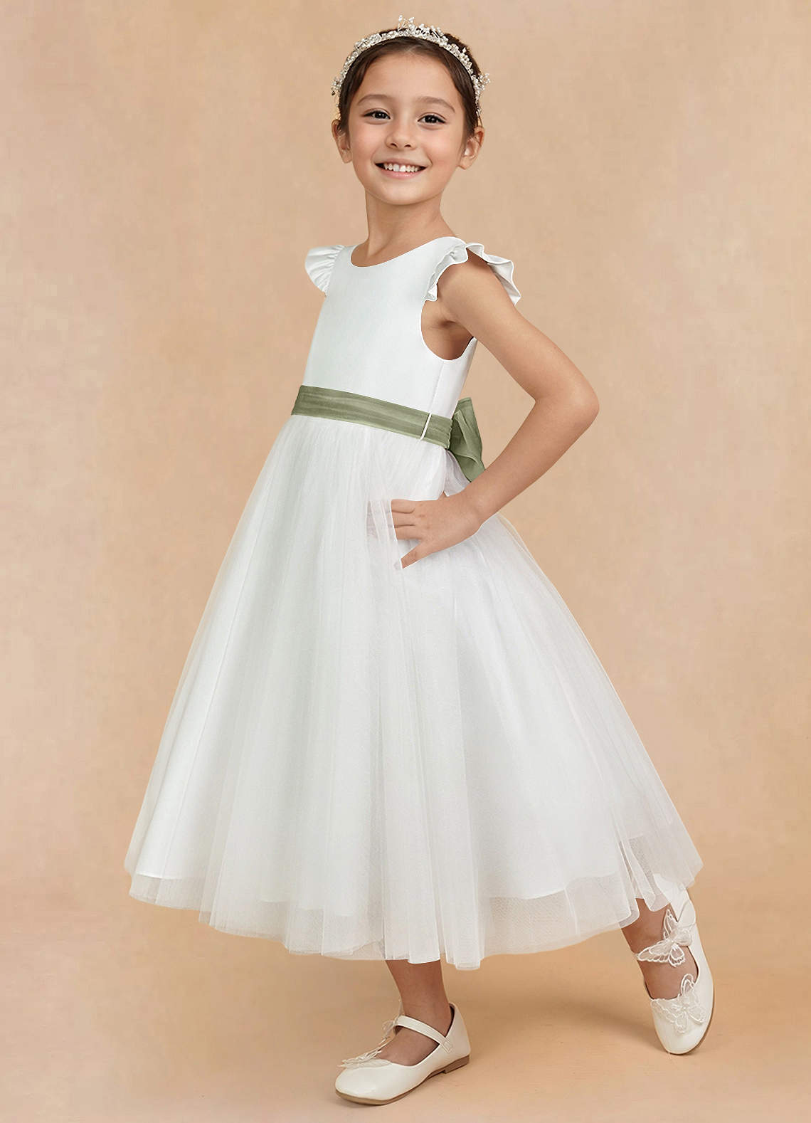 Azazie Hemi Flower Girl Dresses Ivory Pistachio A-Line Bow Tulle Dress image3