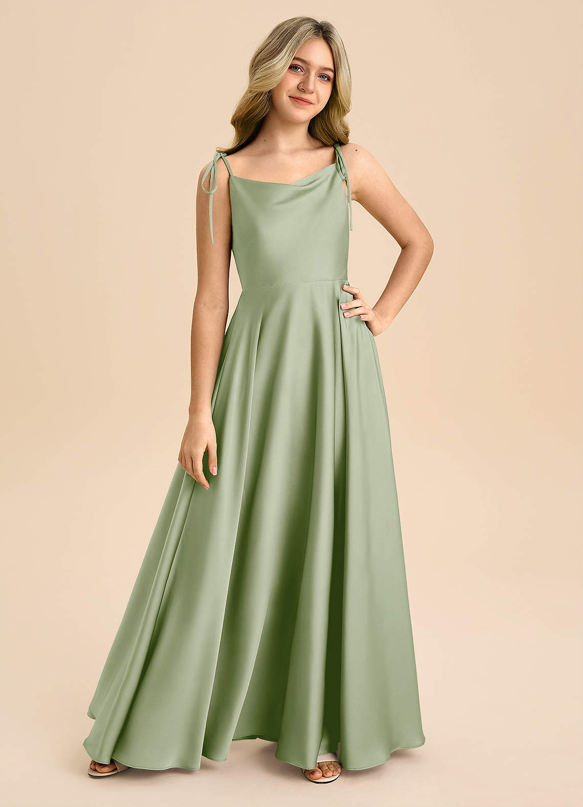 Azazie Popsy Junior Linia A Ukłon Satyna elastyczna Długość podłogi Młodsza druhna Sukienka image7