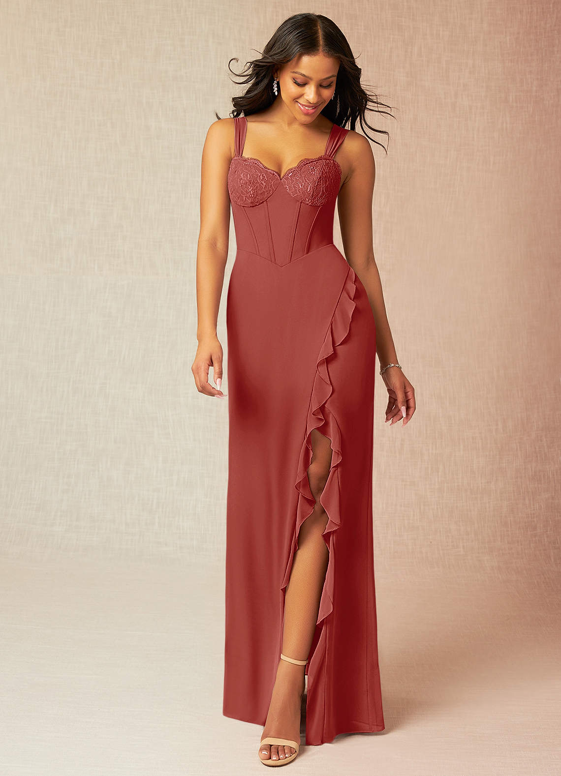 Azazie Camellia Bridesmaid Dresses Terracotta Sheath Lace Chiffon Dress image1