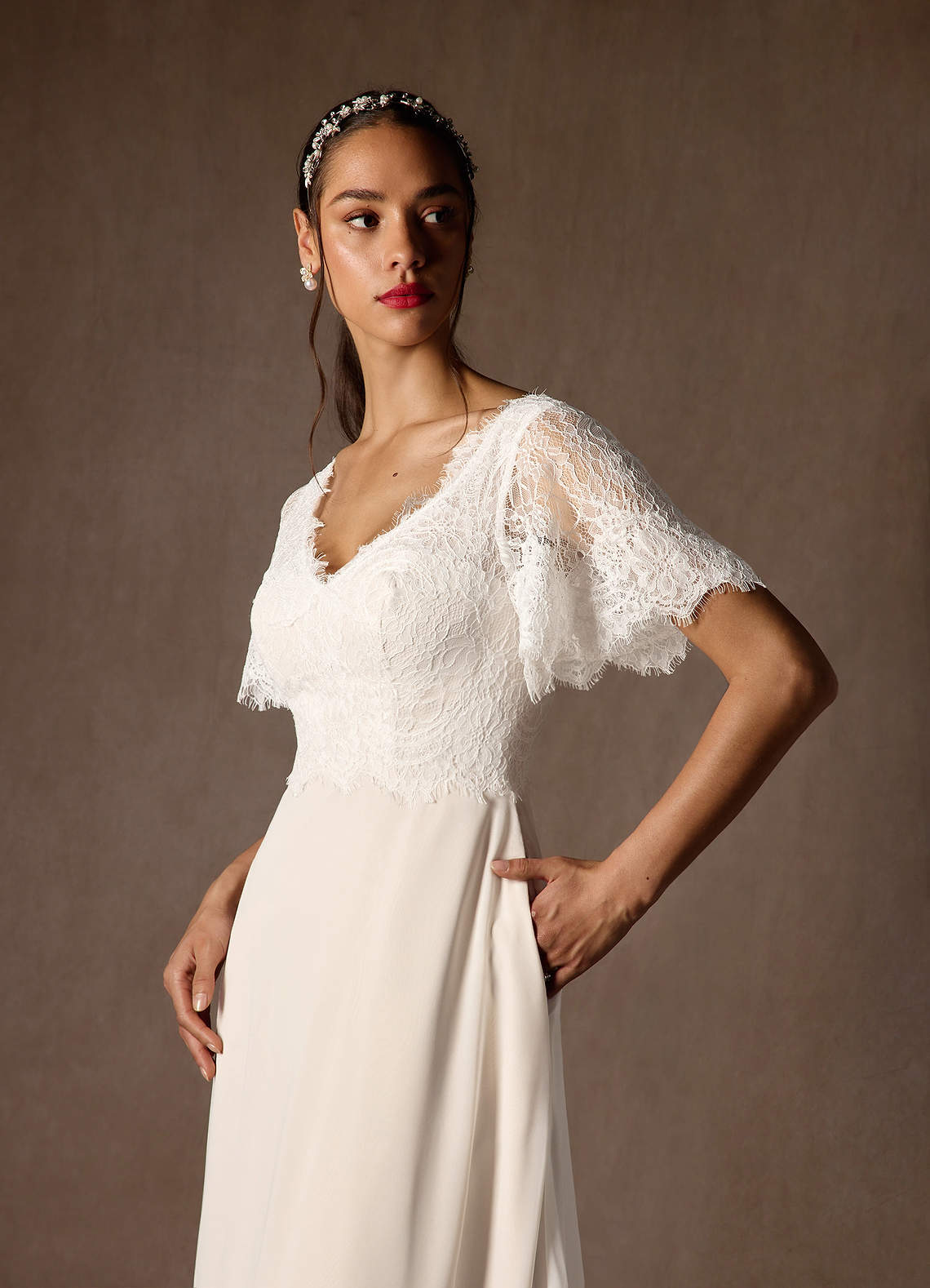 Azazie Veradis Diamond White Champagne A-Line V-Neck lace Chiffon