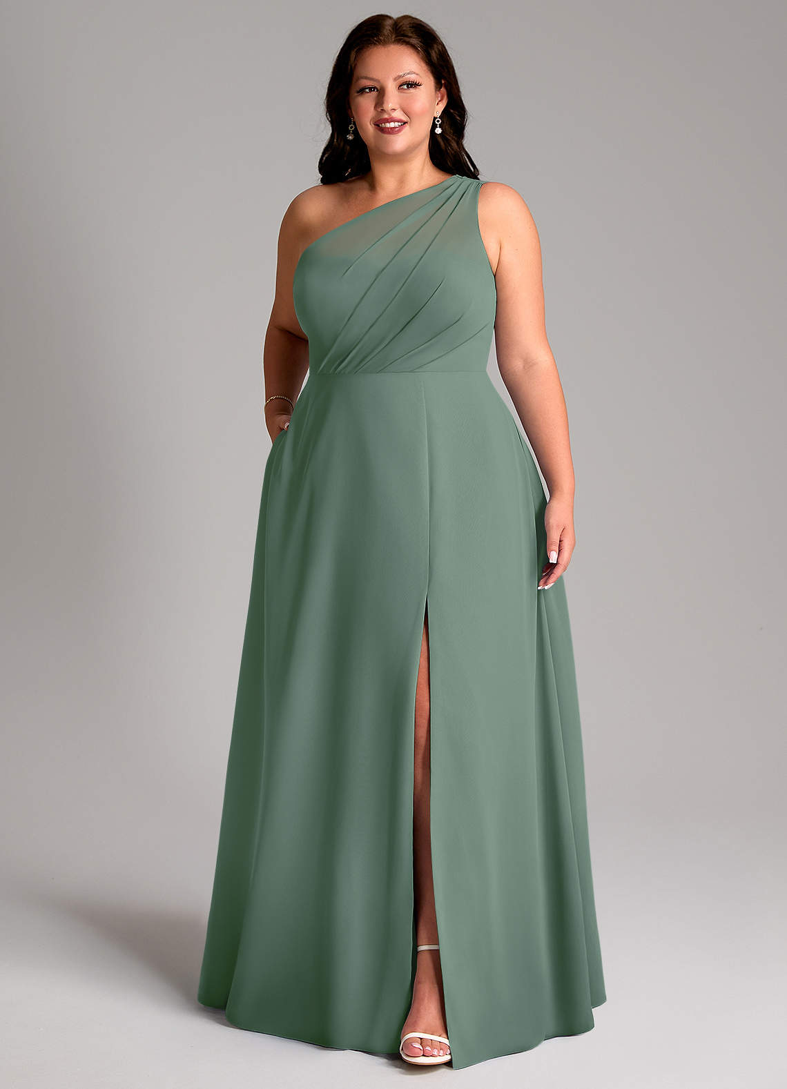 Azazie Phaedra Bridesmaid Dresses Eucalyptus A-Line One Shoulder Chiffon Dress image9