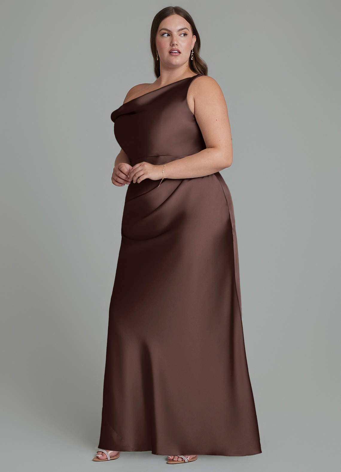 Azazie Emerson Bridesmaid Dresses Ganache Mermaid Off the Shoulder Stretch Satin Dress image9