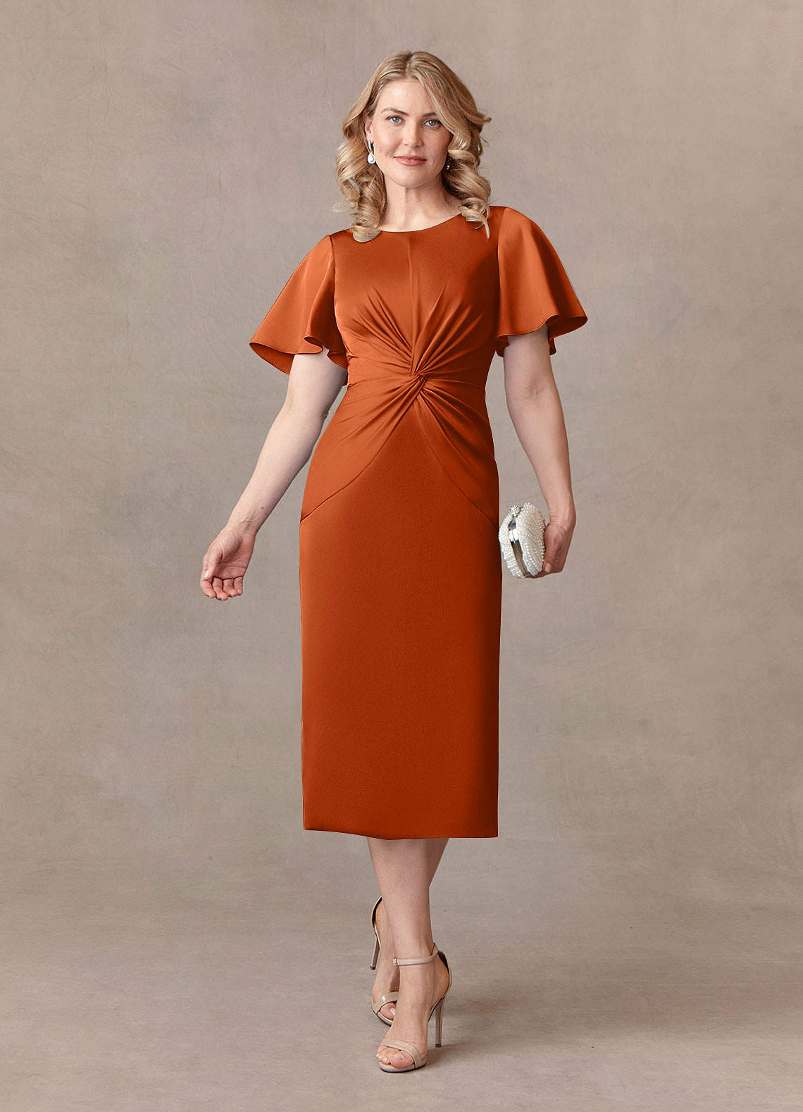 Azazie Everlyn Mother of the Bride Dresses Burnt Orange Sheath Pleated Stretch Satin Dress image1