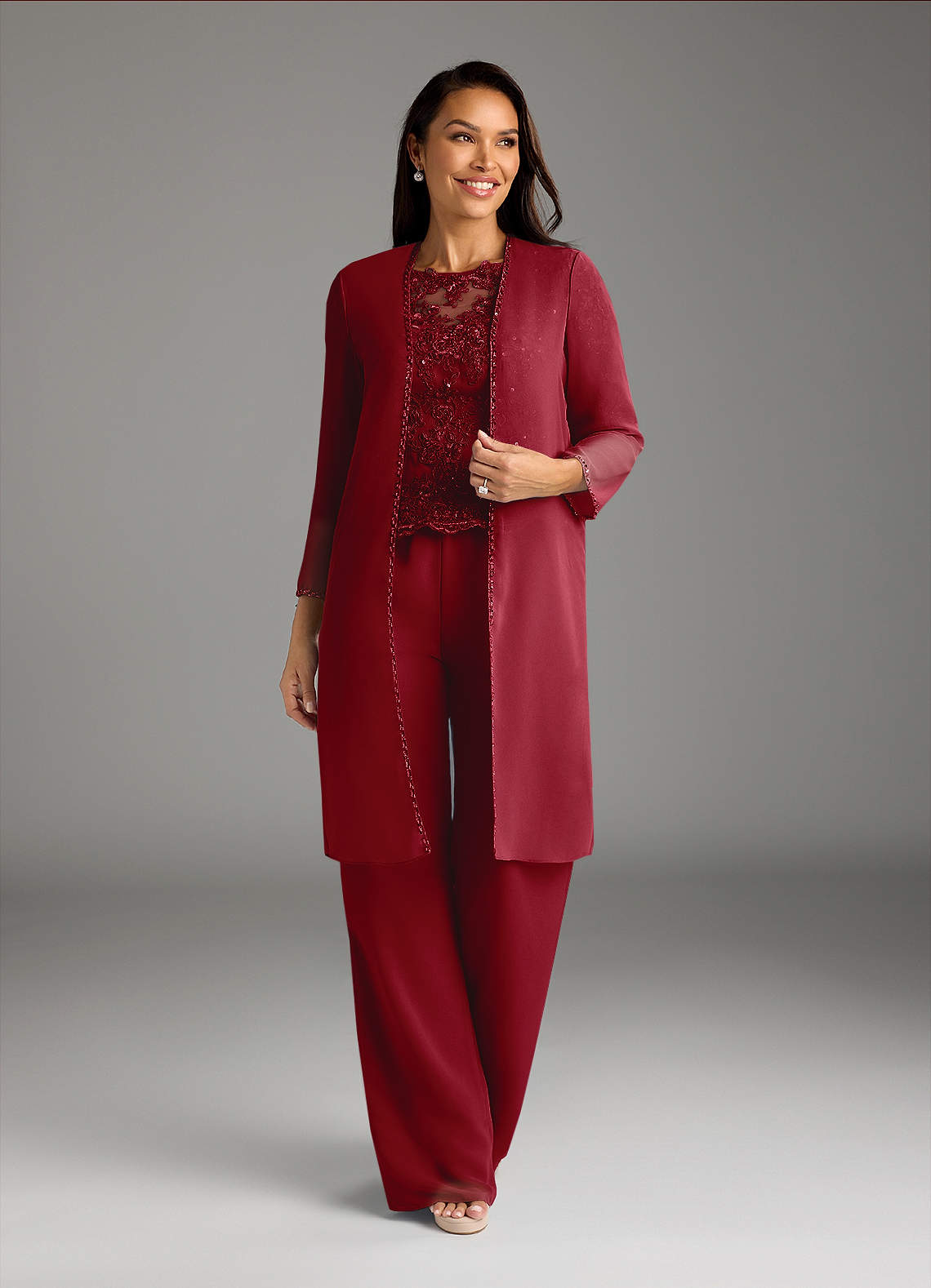 Azazie Florida Abiti per la Madre della Sposa Abito Tuta Pantaloni in Chiffon Lustrini Borgogna image4