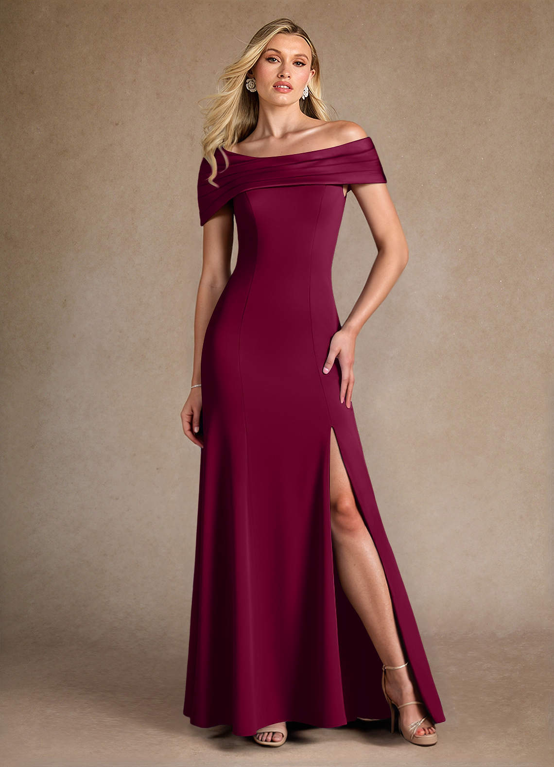 Azazie Pierce Mother of the Bride Dresses Burgundy Mermaid Pleated Stretch Crepe Dress image1