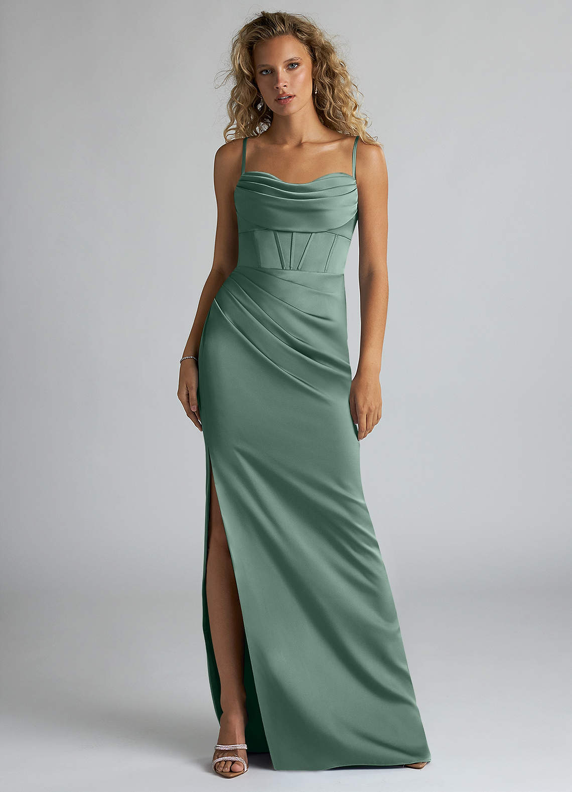 Azazie Mai Bridesmaid Dresses Eucalyptus Sheath Pleated Stretch Satin Dress image1