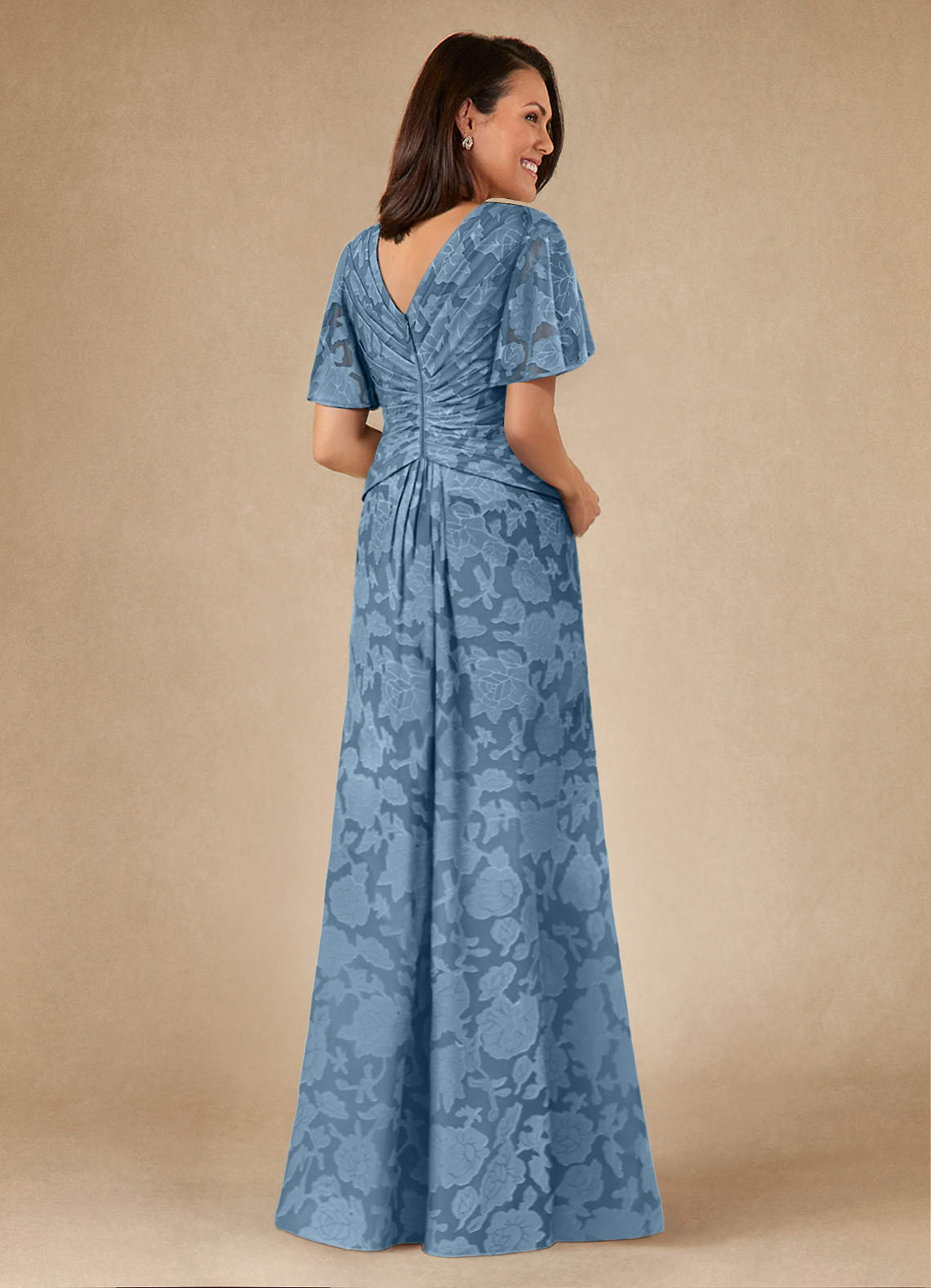 Azazie Emmeline Mother of the Bride Dresses Steel Blue A-Line Pleated Floral Burnout Dress image1