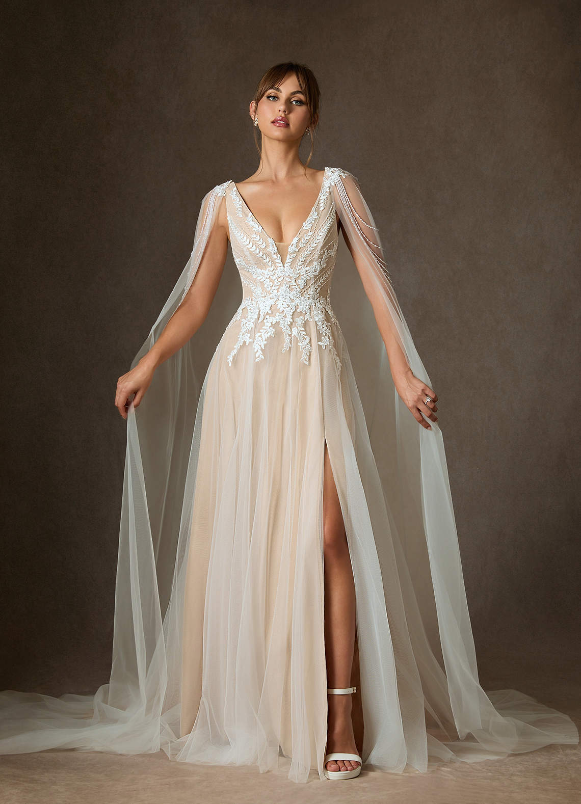 Azazie Goddess Wedding Dresses Diamond White Champagne A-Line V-Neck Sequins Tulle Dress image1