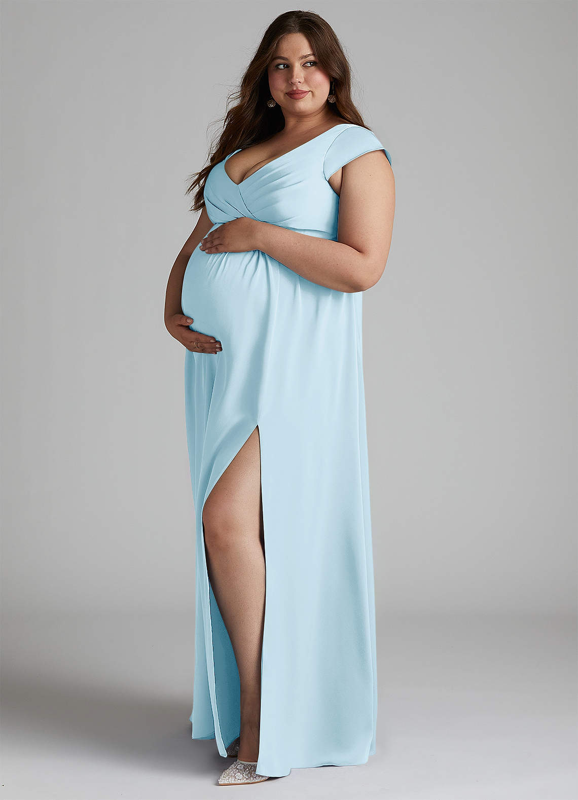 Azazie Allessia Robes de demoiselle d'honneur de maternité Robe Trapèze Plissée Longueur ras du sol Satin extensible image1